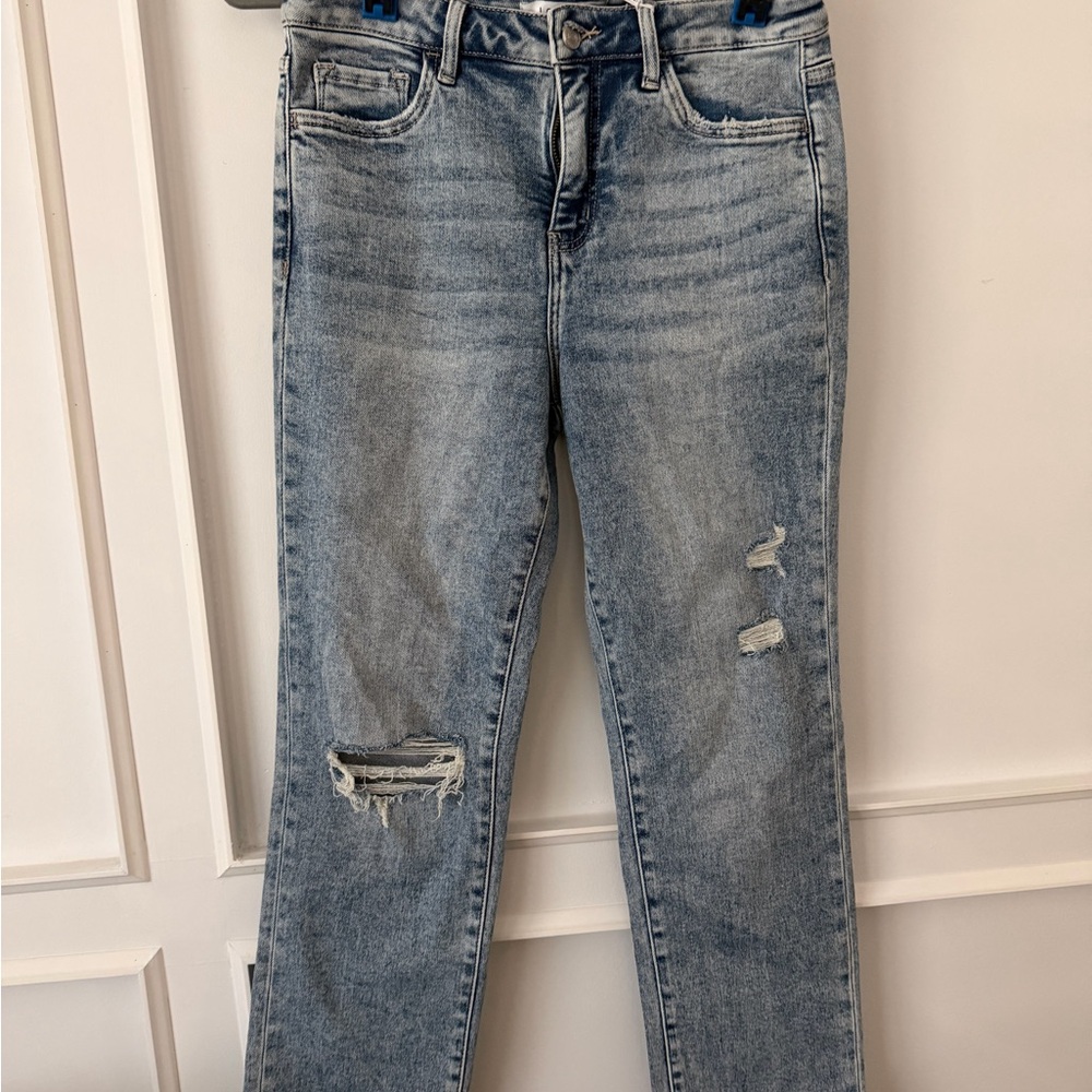Light Blue Straight-Leg Jeans with Distressed Knees